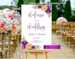 Lilac Orange Wedding Welcome Sign,Purple orange Wedding Welcome sign,(104w)
